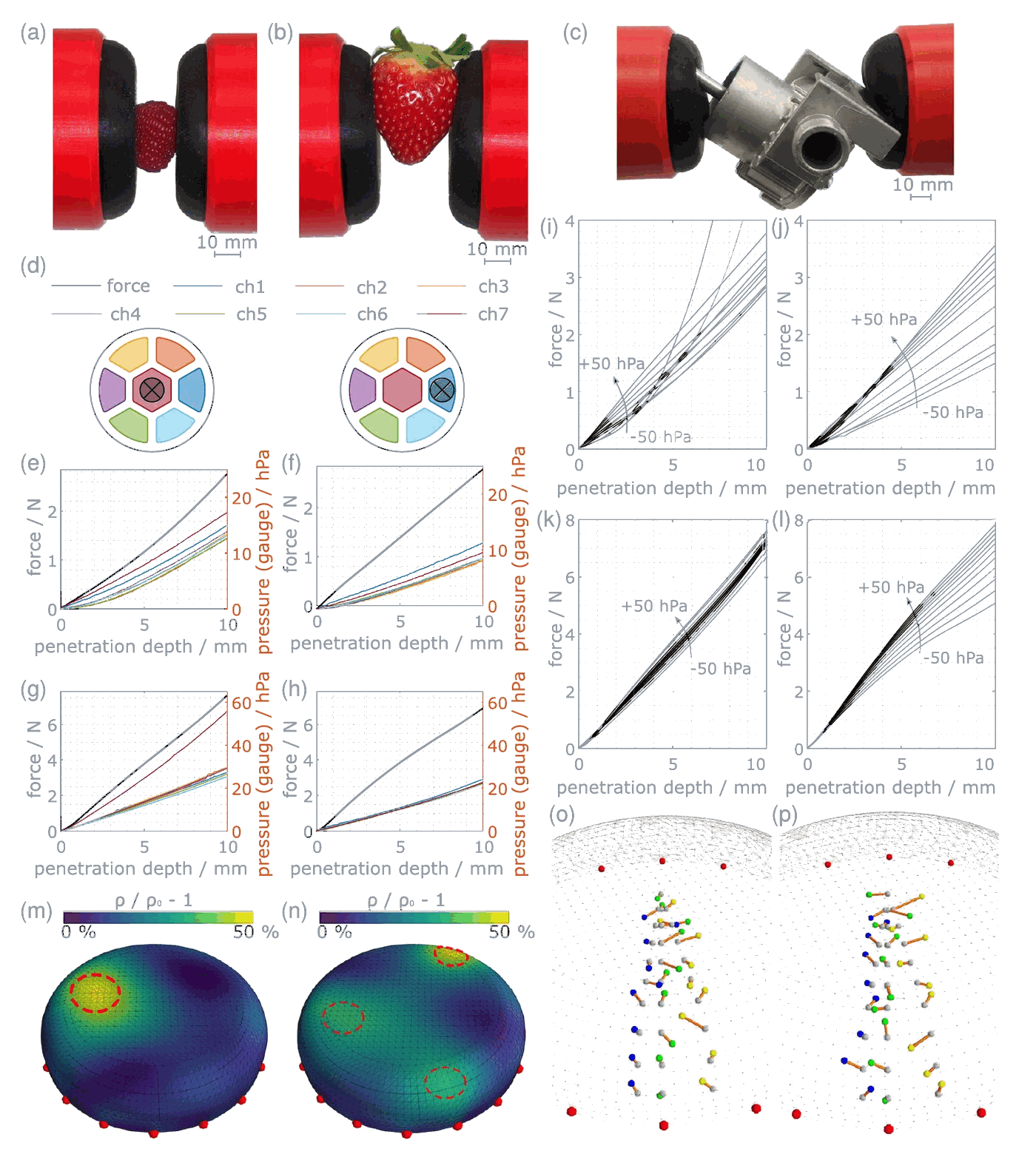 Photos of the gripper holding a raspberry, a strawberry and a metal part, with pressure, force and EIT measurement plots