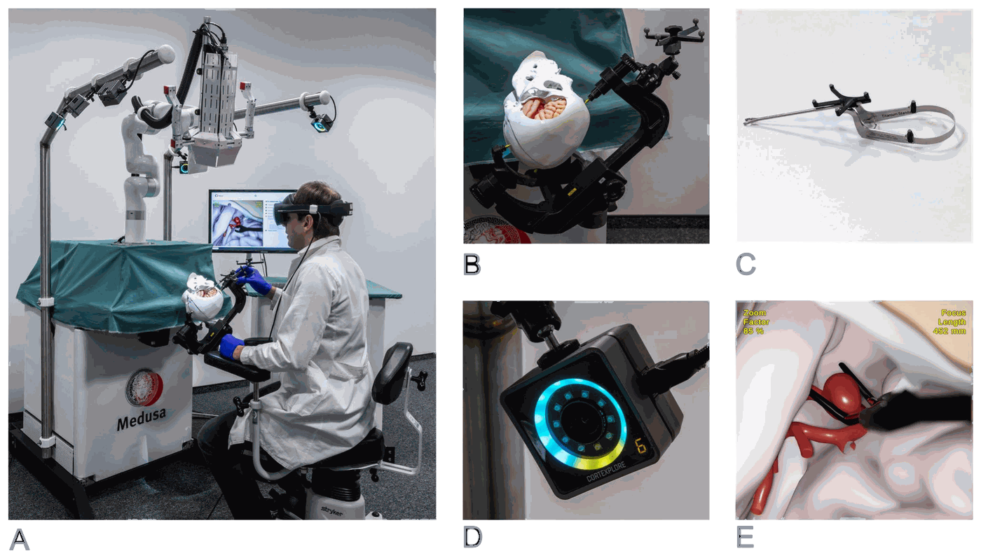 The MEDUSA simulator in use, the head phantom in the clamp, the tracked clip applier, a tracking camera and the virtual operating field